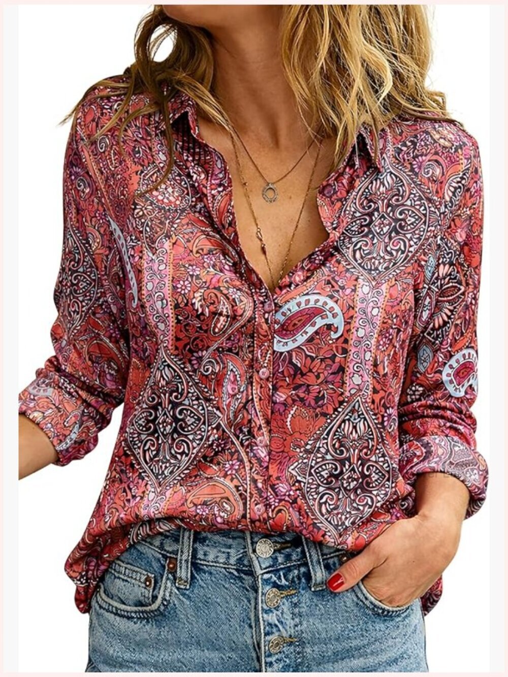 Silky Printed Button Down Blouse V-Neck Long Sleeve Boho Tops Women